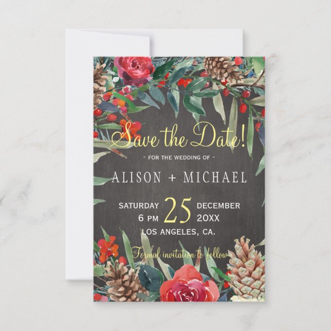 Rustic Chalkboard Winter Floral Christmas Wedding Save The Date (Front)