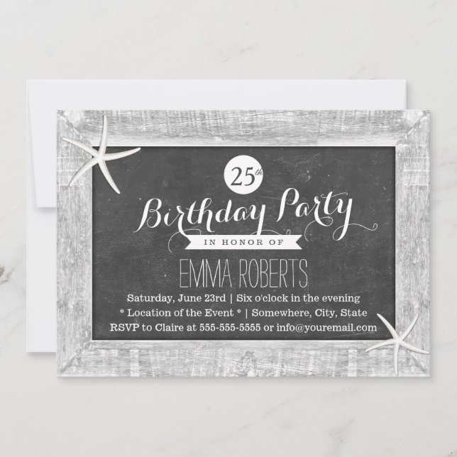 Rustic Chalkboard Wood Framed Starfish Birthday Invitation (Front)