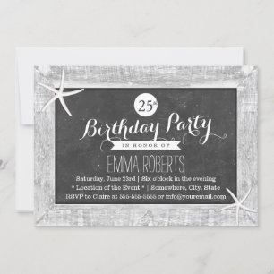 Rustic Chalkboard Wood Framed Starfish Birthday Invitation