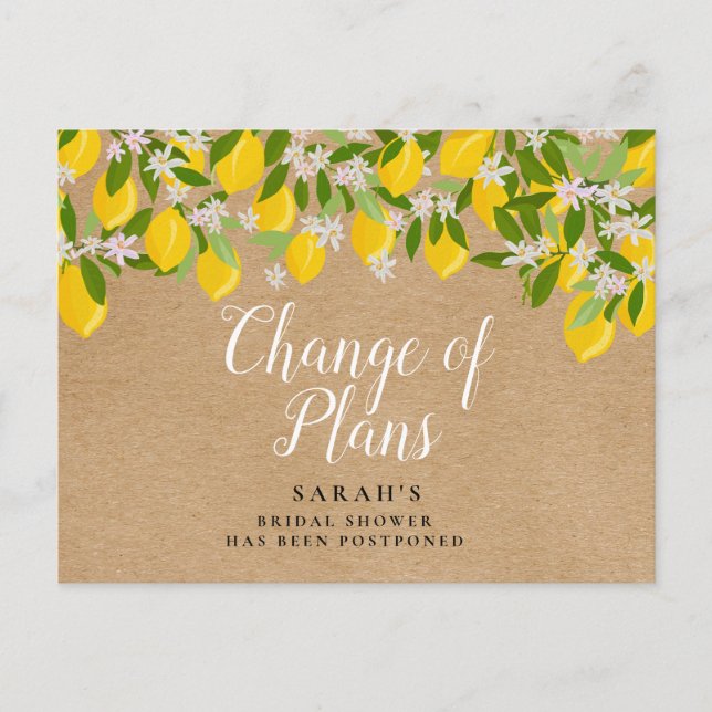 Rustic Change of Plans Postponed Event Lemons Postcard (Front)
