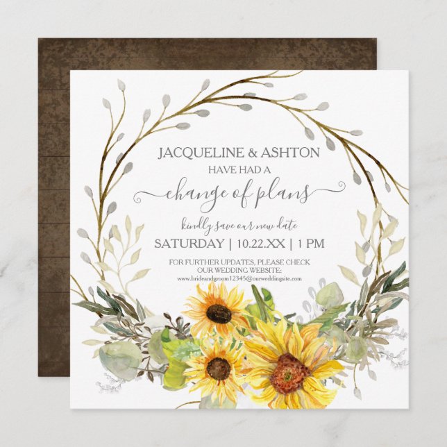 Rustic Change of Plans Script Sunflower Floral Invitation (Front/Back)