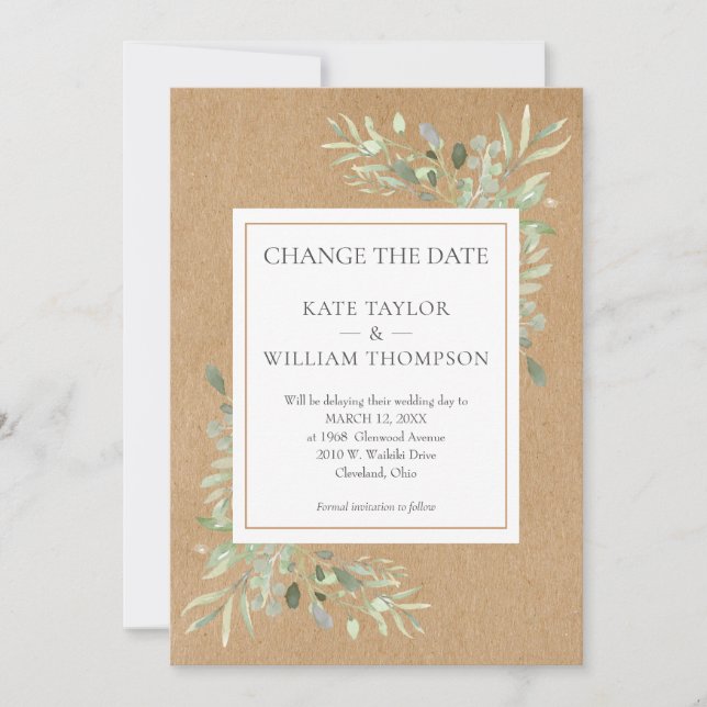Rustic Change the Date Watercolour Greenery Invitation (Front)
