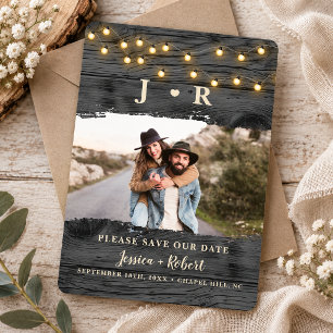 Rustic Charcoal Barn Wood Photo Save the Date Invitation