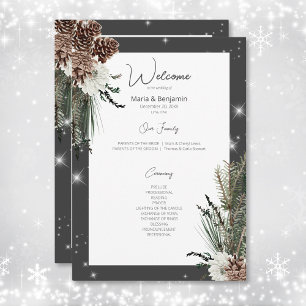 Rustic Charcoal Black Pine Winter Sparkle Wedding Programme