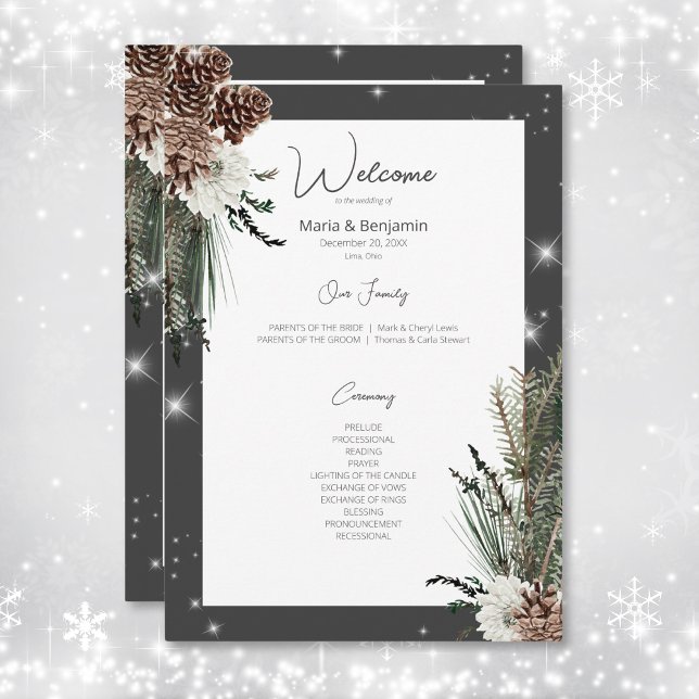 Rustic Charcoal Black Pine Winter Sparkle Wedding Programme (Creator Uploaded)