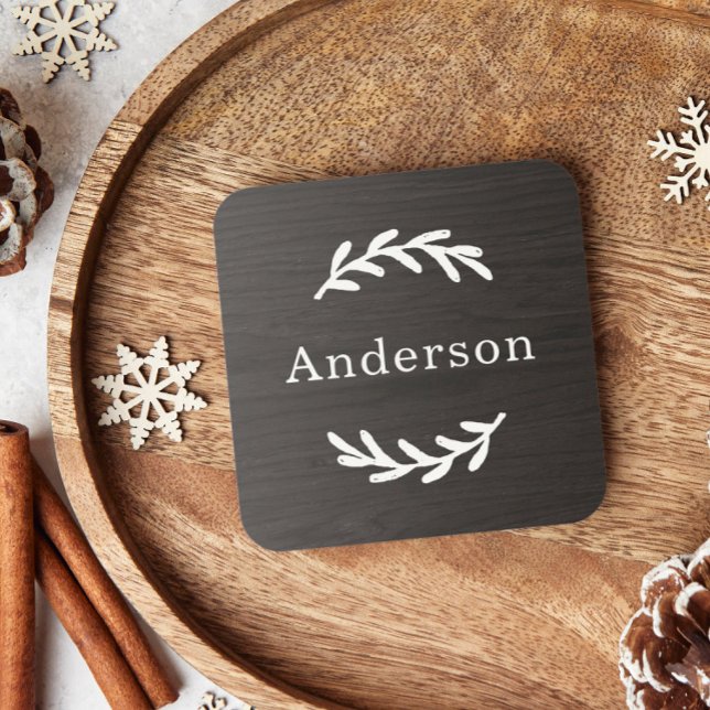 Rustic Charcoal Brown Wood Laurel Custom Monogram Coaster (Creator Uploaded)