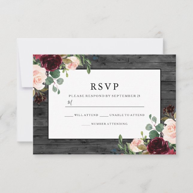 Rustic Charcoal Burgundy Flowers Elegant Wedding RSVP Card (Front)