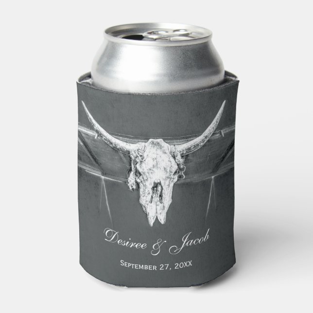 Rustic Charcoal Grey Western Texture Bull Skull Can Cooler (Can Front)