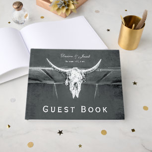 Rustic Charcoal Grey Western Texture Bull Skull Guest Book