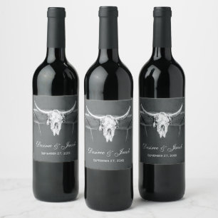 Rustic Charcoal Grey Western Texture Bull Skull Wine Label