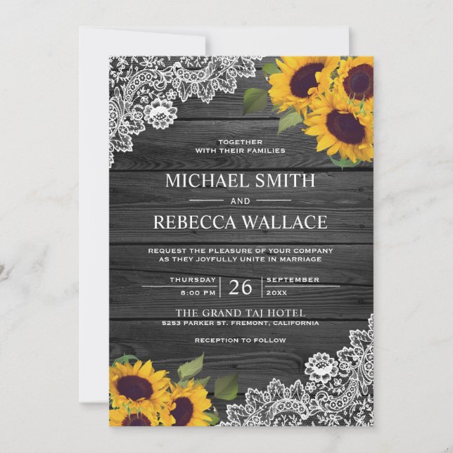 Rustic Charcoal Grey Wood Lace Sunflower Wedding Invitation (Front)