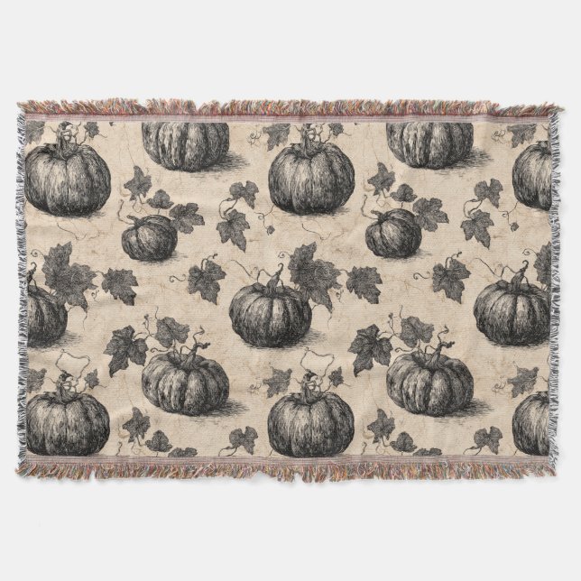 Rustic Charcoal Pumpkin and Vine Fall Throw Blanket (Front)