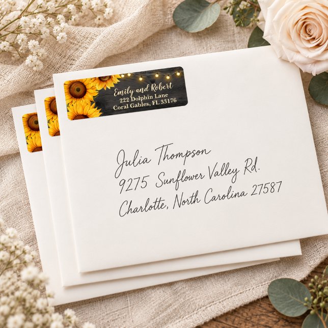Rustic Charcoal Sunflower String Lights Wedding (Romantic Sunflower Wedding Envelope )