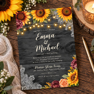 Rustic Charcoal Sunflower String Lights Wedding Invitation