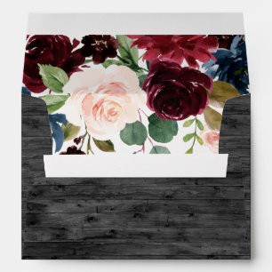 Rustic Charcoal Wood Burgundy Flowers Wedding Envelope