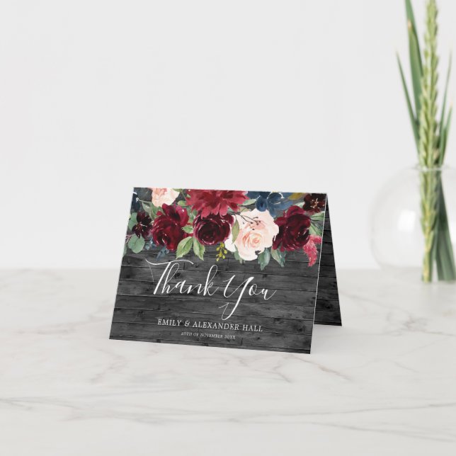 Rustic Charcoal Wood Burgundy Red Wine Wedding Thank You Card (Front)