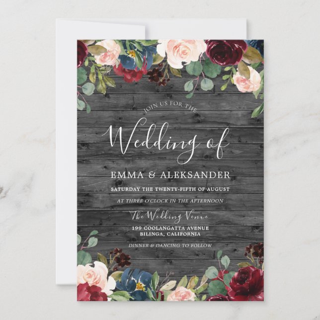 Rustic Charcoal Wood Burgundy Wedding Invite (Front)