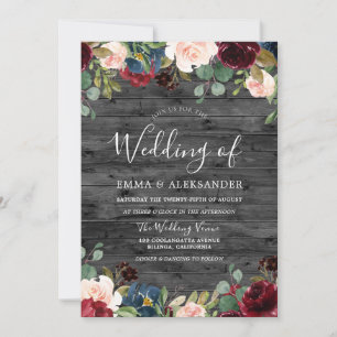 Rustic Charcoal Wood Burgundy Wedding Invite