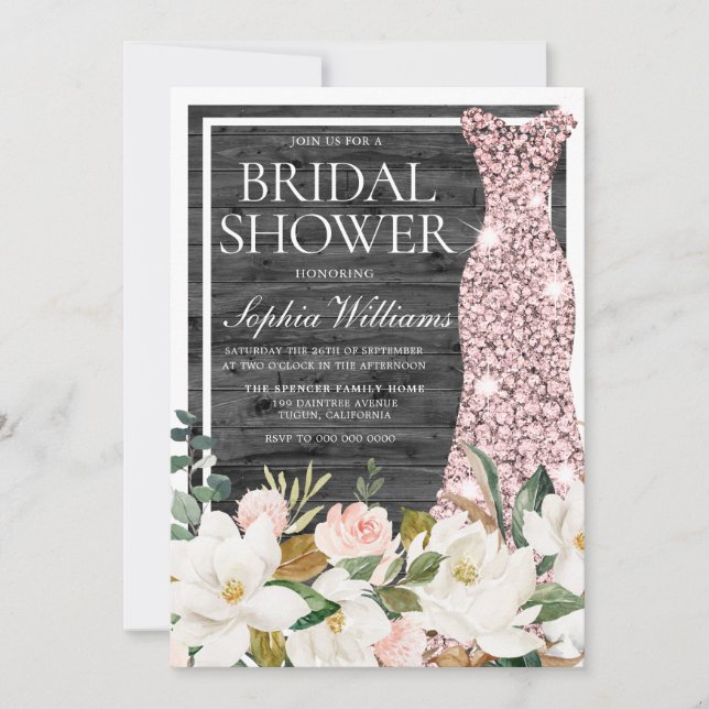 Rustic Charcoal Wood Floral Bridal Shower Dress Invitation (Front)