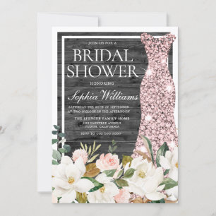 Rustic Charcoal Wood Floral Bridal Shower Dress Invitation