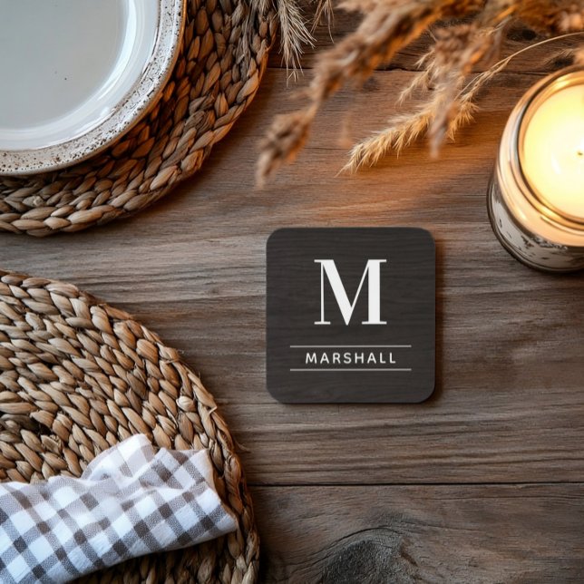 Rustic Charcoal Wood Serif Monogram Name Coaster (Creator Uploaded)