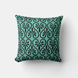 Rustic Charm Aqua and Black Floral Swirls Grunge Cushion