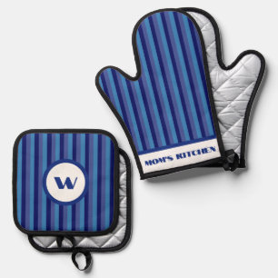 Rustic Charm Blue Striped Oven Mitt & Pot Holder Set