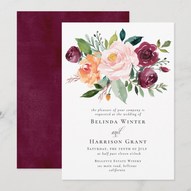 Rustic Charm Burgundy Blush Bouquet Floral Wedding Invitation (Front/Back)