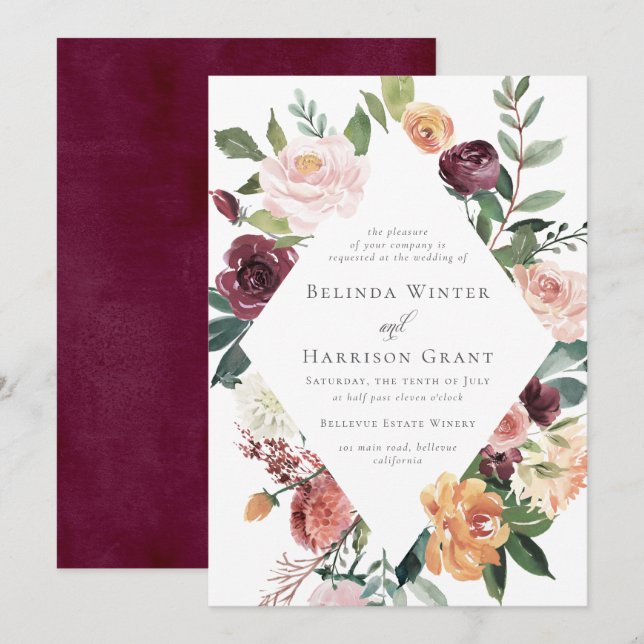 Rustic Charm Burgundy Blush Diamond Floral Wedding Invitation (Front/Back)