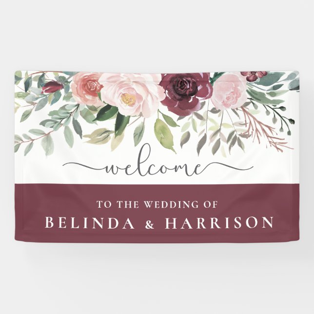 Rustic Charm Burgundy Blush Pink Floral Wedding Banner (Horizontal)
