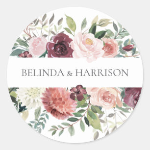 Rustic Charm Burgundy Blush Pink Floral Wedding Classic Round Sticker
