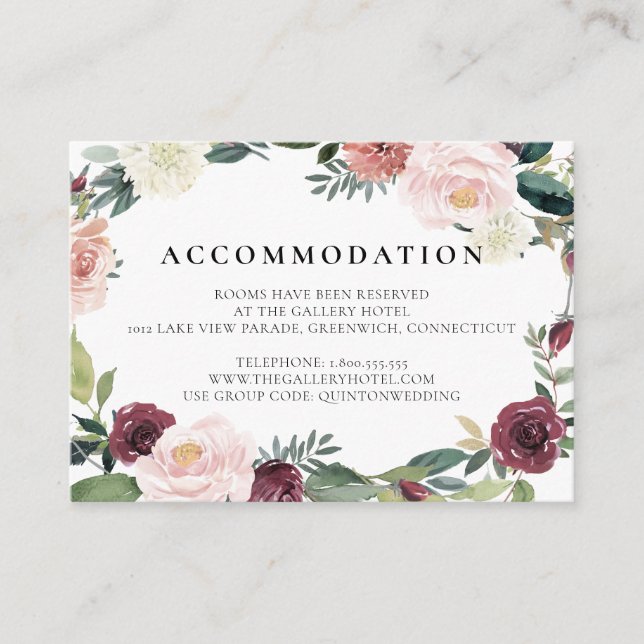Rustic Charm Burgundy Blush Pink Floral Wedding Enclosure Card (Front)