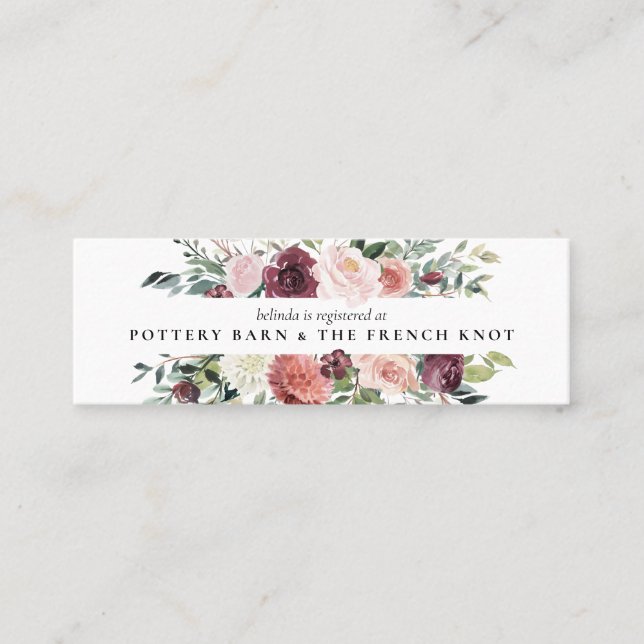 Rustic Charm Burgundy Blush Pink Floral Wedding Mini Business Card (Front)