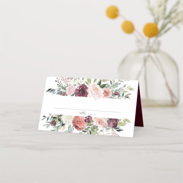 Rustic Charm Burgundy Blush Pink Floral Wedding Place Card (Front)