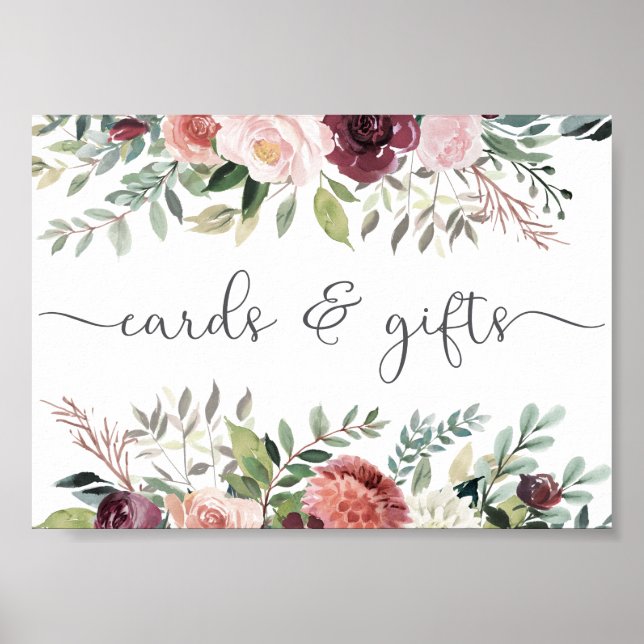 Rustic Charm Burgundy Blush Pink Floral Wedding Poster (Front)