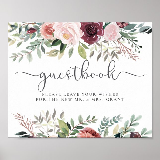 Rustic Charm Burgundy Blush Pink Floral Wedding Poster (Front)