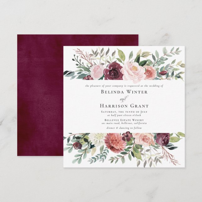 Rustic Charm Burgundy Blush Pink SQ Floral Wedding Invitation (Front/Back)