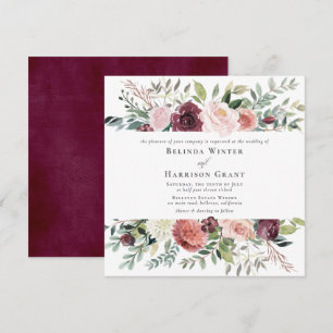 Rustic Charm Burgundy Blush Pink SQ Floral Wedding Invitation
