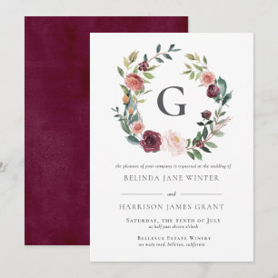 Rustic Charm Burgundy Pink Floral Wreath Wedding Invitation