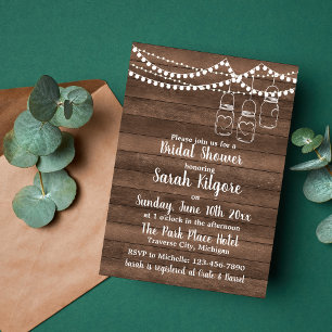 Rustic Charm Mason Jar String Lights Bridal Shower Invitation