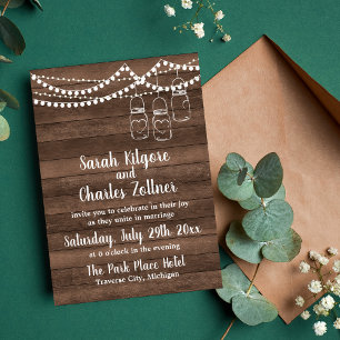 Rustic Charm Mason Jar String Lights Wedding Invitation