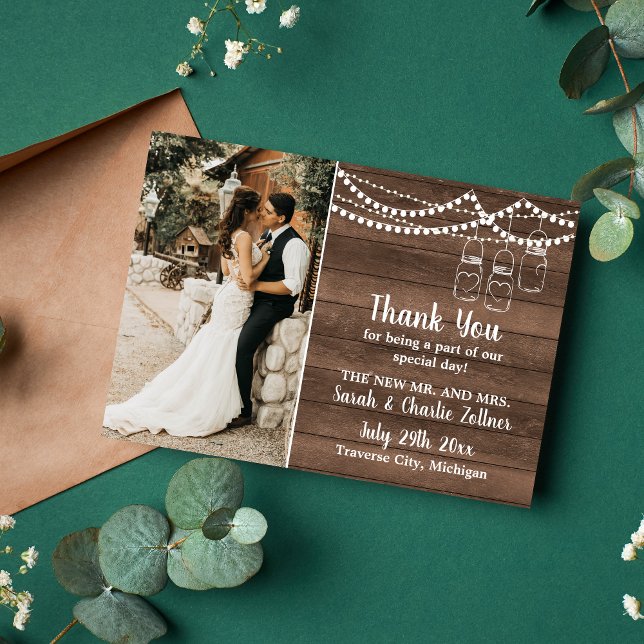 Rustic Charm Mason Jar String Lights Wedding Thank Thank You Card (Creator Uploaded)