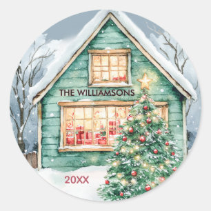 Rustic Charming Christmas Scene Tree Snow  Classic Round Sticker