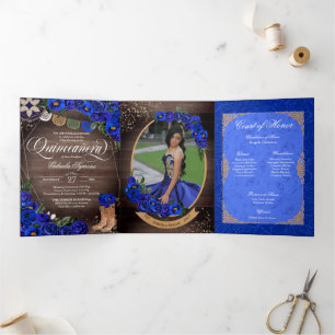 Rustic Charro Royal Blue Roses Country Quinceañera Tri-Fold Invitation
