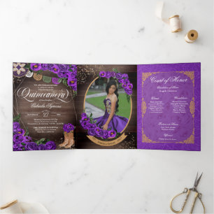 Rustic Charro Royal Purple Roses Quinceañera Tri-Fold Invitation