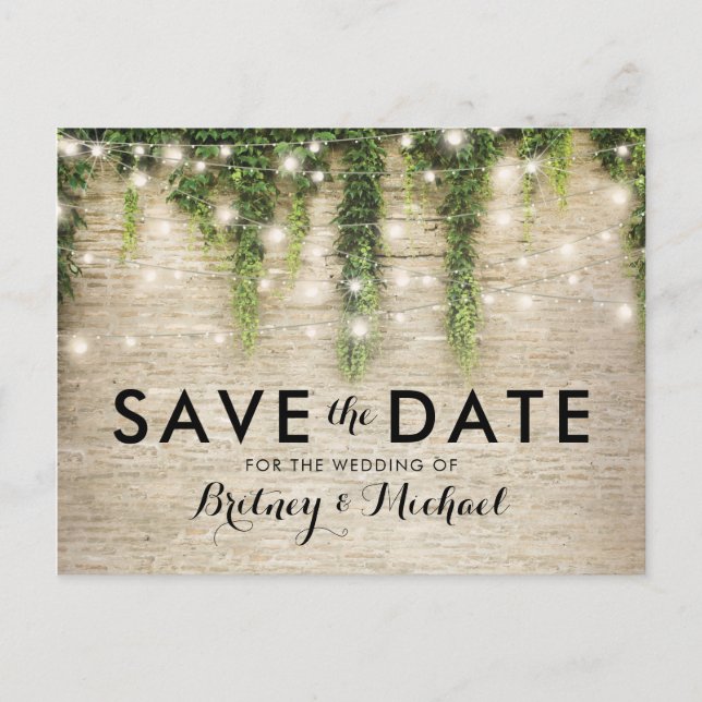 Rustic Chateau Stone Church Lights Save the Date Announcement Postcard (Front)