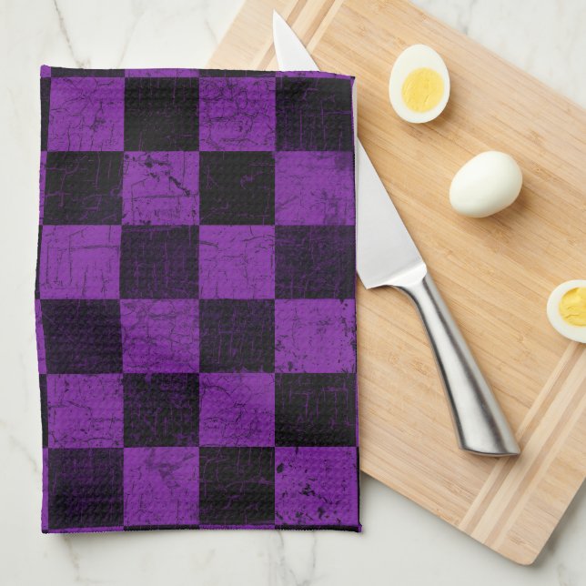 Rustic Checks, Purple and Black Tea Towel (Quarter Fold)