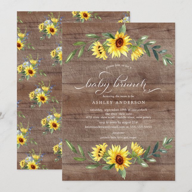 Rustic Cheerful Yellow Sunflower Baby Brunch Invitation (Front/Back)