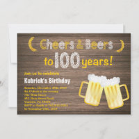 Rustic Cheers and Beers 100th Birthday Invitation