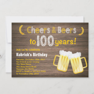 Rustic Cheers and Beers 100th Birthday Invitation